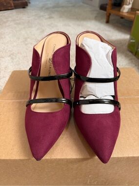 Chinese Laundry Burgundy Pointed Mary-Jane Heels with Black Straps
